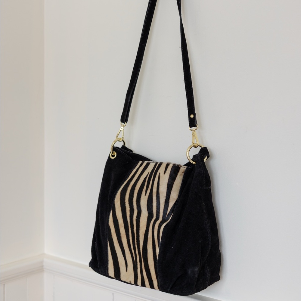 le chateau Black Suede Shoulder Bag with Zebra-Print Panel